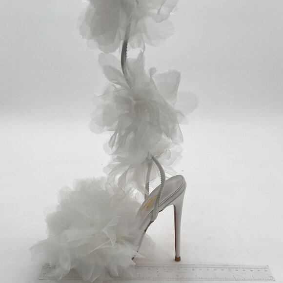 FSJ White Pointed Toe Lace-Up Sandals Tulle and Feather Bridal Shoes - Picture 2 of 8
